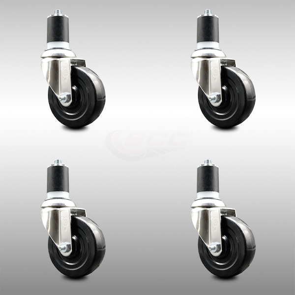4 Inch 316SS Hard Rubber Wheel Swivel 1-3/4 Inch Expanding Stem Caster Set SCC